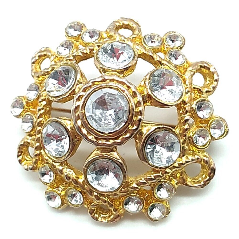 Vintage Twisted Rope Brooch Dome Shaped Rhinestone Gold Tone Pin